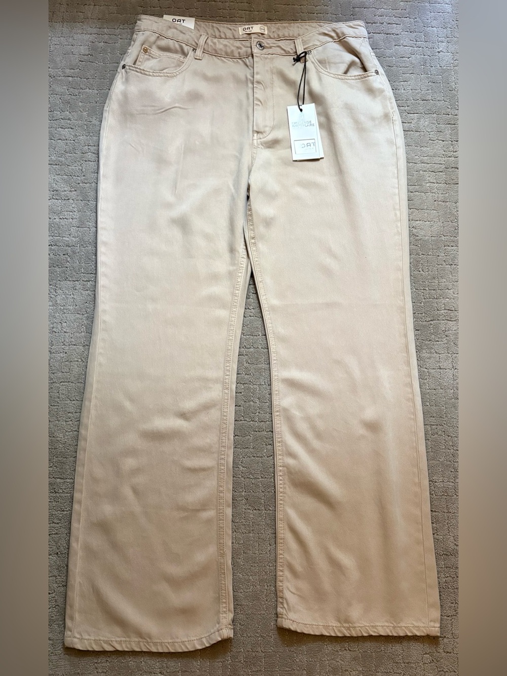 Oat New York Beige High Rise Mini Flare Wide-Leg Sustainable Jeans - Picture 2 of 9